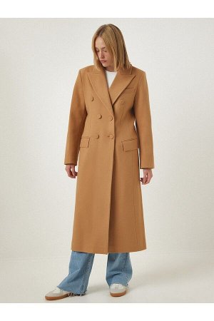 Женское шерстяное пальто светло-коричневого цвета премиум-класса с длинными манжетами и пуговицами с разрезом FN03091
