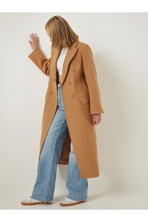 Женское шерстяное пальто светло-коричневого цвета премиум-класса с длинными манжетами и пуговицами с разрезом FN03091
