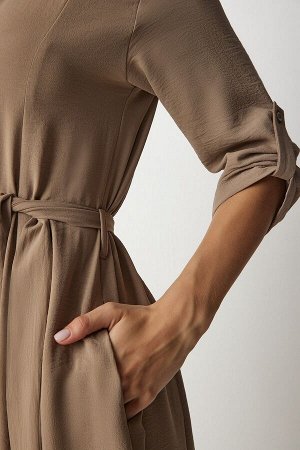 Женское платье-рубашка бисквитного цвета с поясом из вискозы DD01256