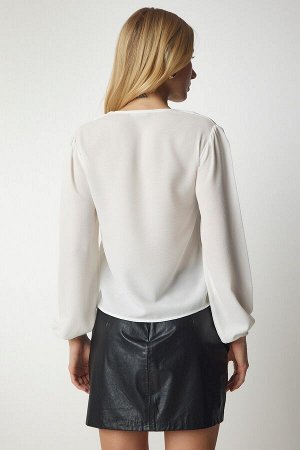Женская белая блузка из крепа с v-образным вырезом UB00153