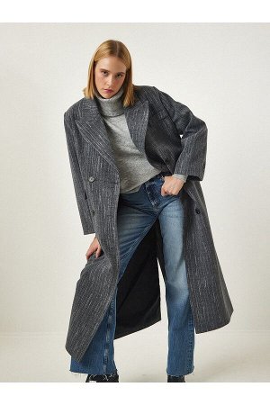 Женское серое меланжевое пальто премиум-класса с двубортным шерстяным воротником и строчкой fn03097