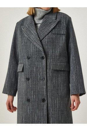 Женское серое меланжевое пальто премиум-класса с двубортным шерстяным воротником и строчкой fn03097