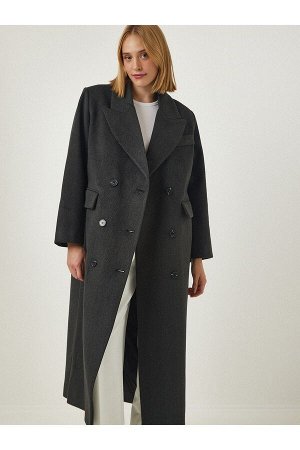 Женское темно-серое шерстяное пальто премиум-класса с двубортным воротником и длинной строчкой fn03099