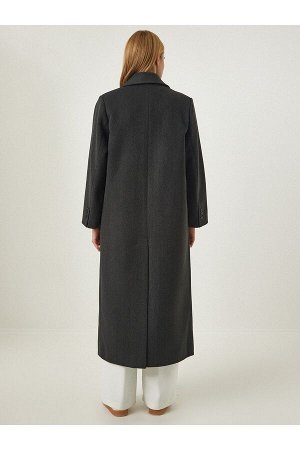Женское темно-серое шерстяное длинное пальто премиум-класса с двубортным воротником fn03099