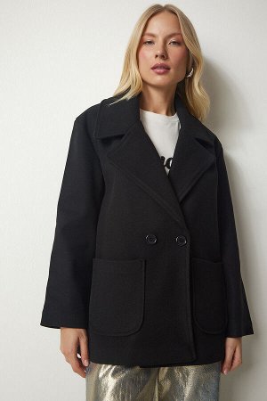 Женское черное двубортное пальто из кешью с воротником и карманами MX00146