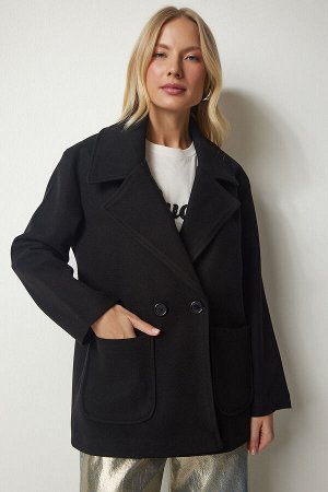 Женское черное двубортное пальто с воротником и карманами MX00146