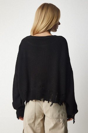 Женский черный вязаный свитер оверсайз с рваными деталями ki00098