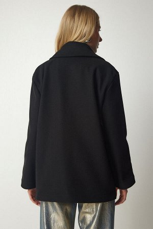 Женское черное двубортное пальто из кешью с воротником и карманами MX00146
