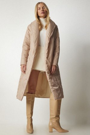 Женское кремовое стеганое пальто с шалевым воротником и поясом dz00089 DZ00089
