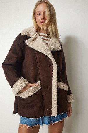 Коричневое женское меховое замшевое пальто UB00159