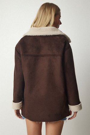 Коричневое женское меховое замшевое пальто UB00159