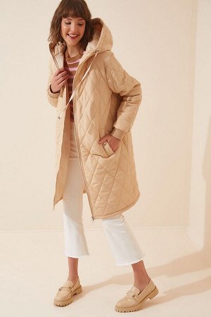 Женское кремовое стеганое пальто с капюшоном DD00996