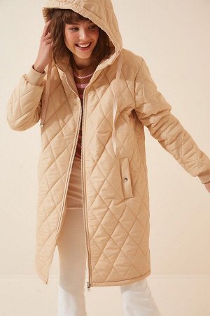 Женское кремовое стеганое пальто с капюшоном DD00996