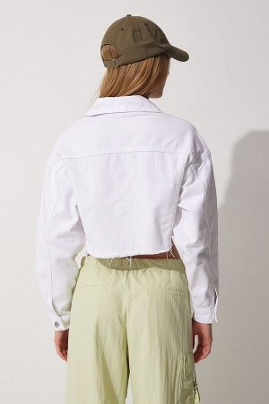 happinessistanbul Женская белая укороченная джинсовая куртка с кисточками OK00036