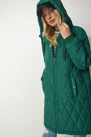 Женское зеленое стеганое пальто с капюшоном DD00996