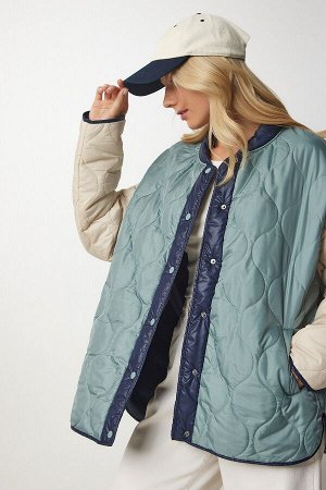 Женское стеганое пальто оверсайз цвета морской волны кремового цвета dz00091