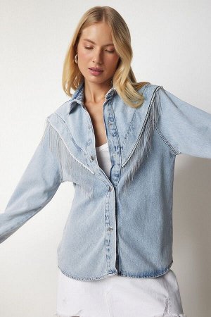 Женская голубая джинсовая куртка-рубашка с цепочкой rv00143
