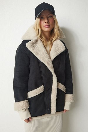 Женское черное меховое замшевое пальто UB00159