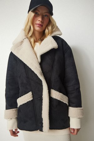 Женское черное меховое замшевое пальто UB00159