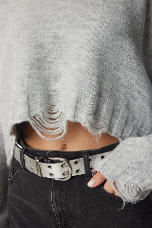 Женский серый рваный вязаный свитер с детализацией K_00094