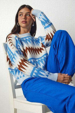 Женский синий трикотажный свитер с рисунком bv00107
