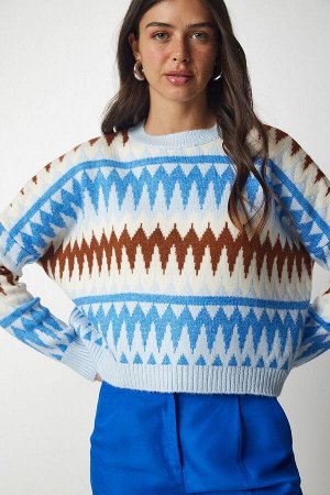 Женский синий трикотажный свитер с рисунком bv00107