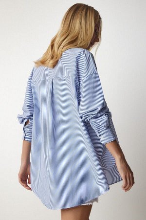 Женская длинная базовая рубашка оверсайз в небесно-голубую полоску UB00143