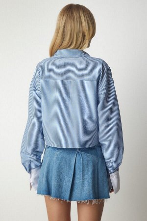 Женская укороченная рубашка в тонкую полоску небесно-голубого цвета UB00147