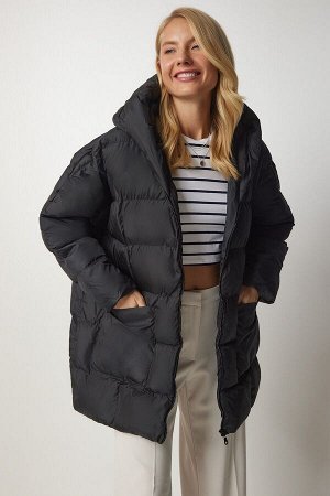 Женский черный жакет оверсайз с капюшоном DD01249