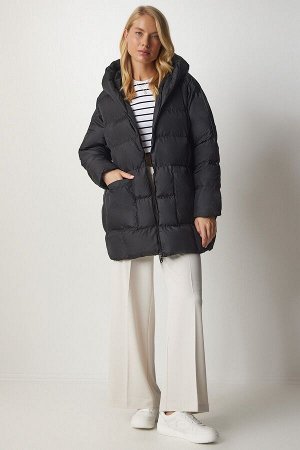 Женский черный жакет оверсайз с капюшоном DD01249