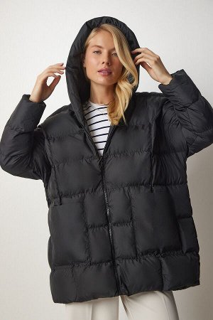 Женский черный жакет оверсайз с капюшоном DD01249