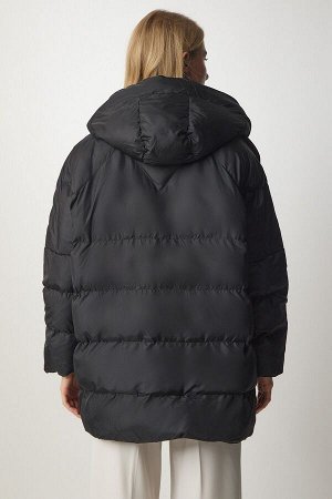 Женский черный жакет оверсайз с капюшоном DD01249