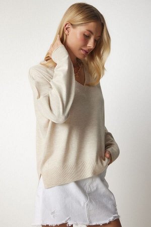 Женский кремовый свитер оверсайз с v-образным вырезом BV00082