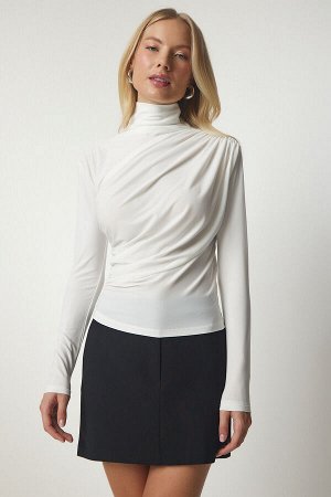Женская блузка песочного цвета с высоким воротником и сборкой цвета экрю FF00135