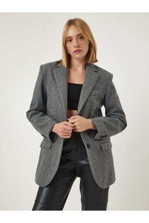 Женская серая шерстяная куртка премиум-класса с двубортным воротником и узором «елочка» fn03107