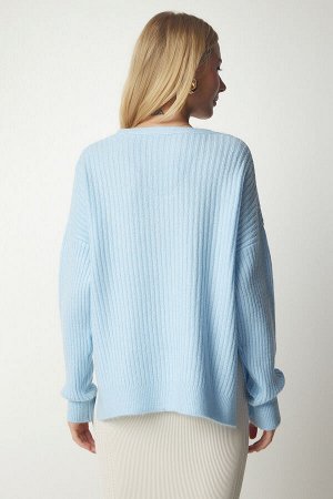 Женский голубой свитер из фактурного трикотажа с v-образным вырезом PF00011