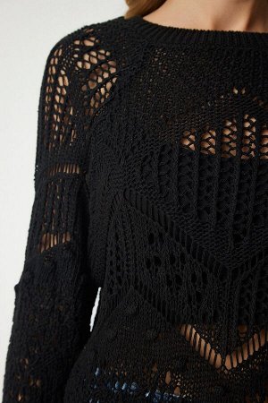 Женский черный фактурный ажурный трикотажный свитер NV00063