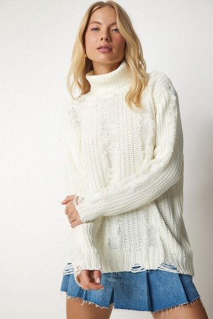 Женский вязаный свитер с костяными кисточками и рваными деталями K_00099