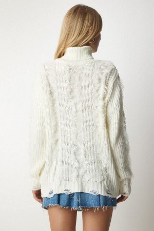 Женский вязаный свитер с костяными кисточками и рваными деталями K_00099