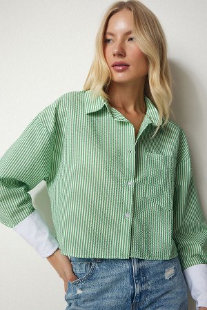 Женская зеленая укороченная рубашка в тонкую полоску UB00147