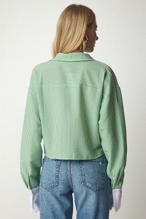 Женская зеленая укороченная рубашка в тонкую полоску UB00147