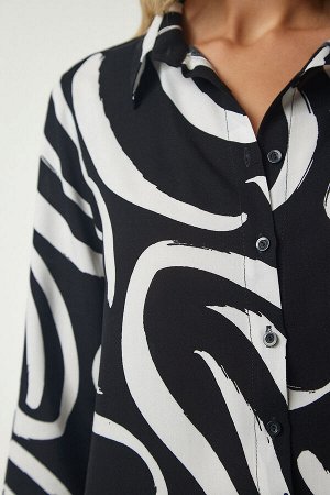 Женская черная вискозная рубашка с рисунком DD01257