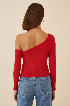 happinessistanbul Женская красная вельветовая трикотажная блузка с открытыми плечами TG00011