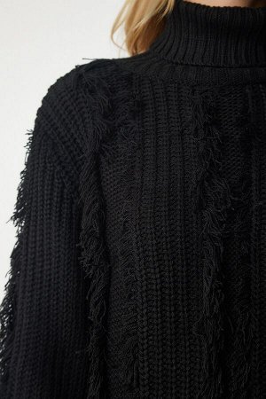 Женский черный трикотажный свитер с кисточками и рваными деталями K_00099