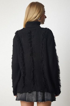 Женский черный трикотажный свитер с кисточками и рваными деталями K_00099