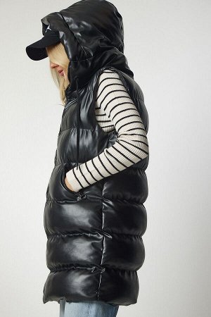 Женский длинный надувной жилет из искусственной кожи черного цвета с капюшоном RV00137