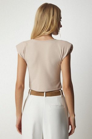 Женская бежевая укороченная блузка с легким глубоким вырезом CI00087
