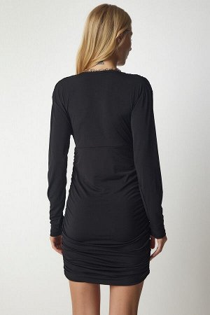 Женское черное трикотажное платье песочного цвета со сборками с v-образным вырезом DZ00099