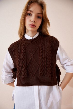 Женский коричневый вязаный свитер с высоким воротником CI00056