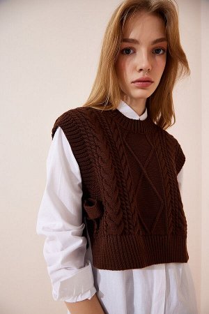 Женский коричневый вязаный свитер с высоким воротником CI00056